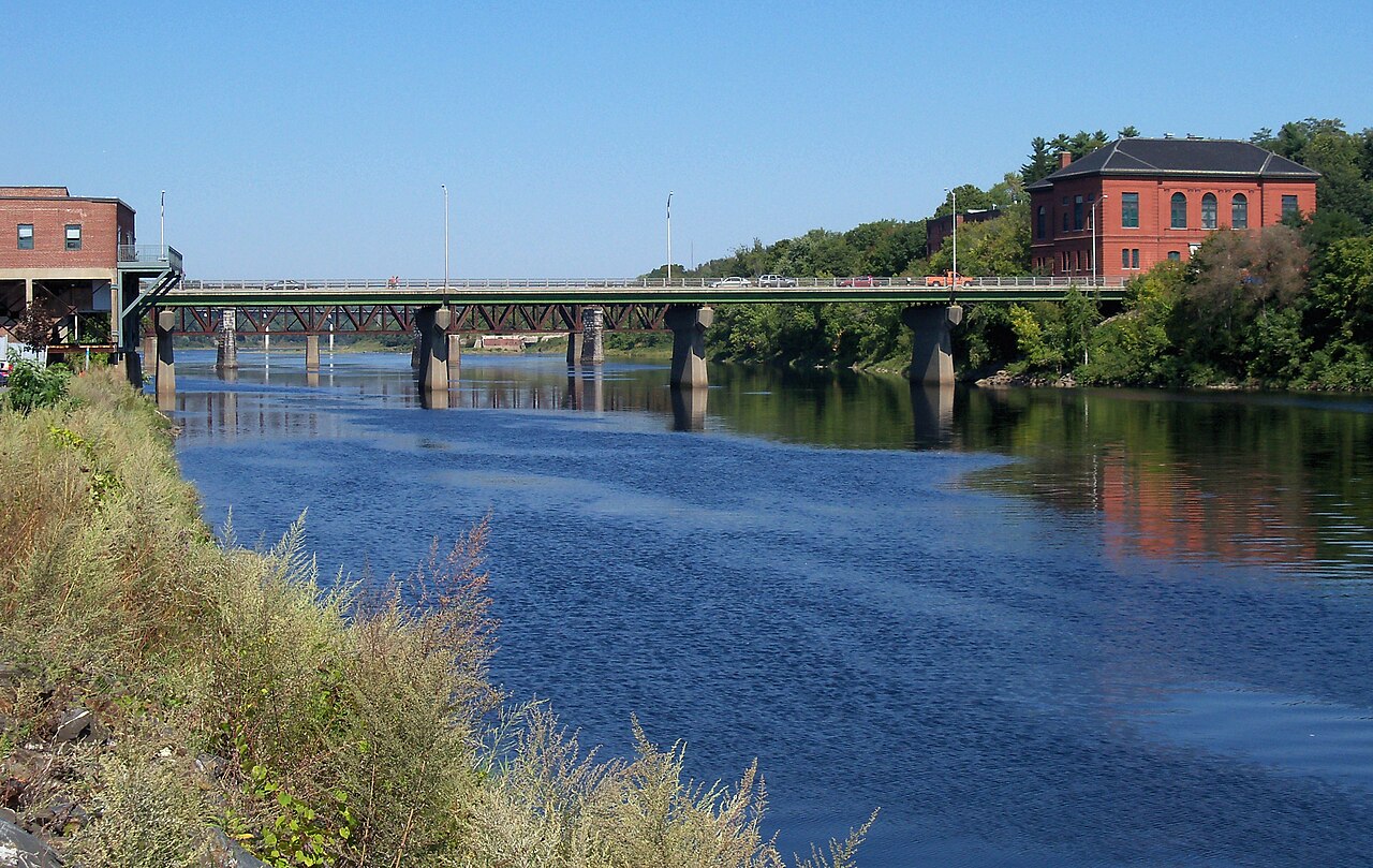 The Kennebec River flowing through downtown Augusta, Maine