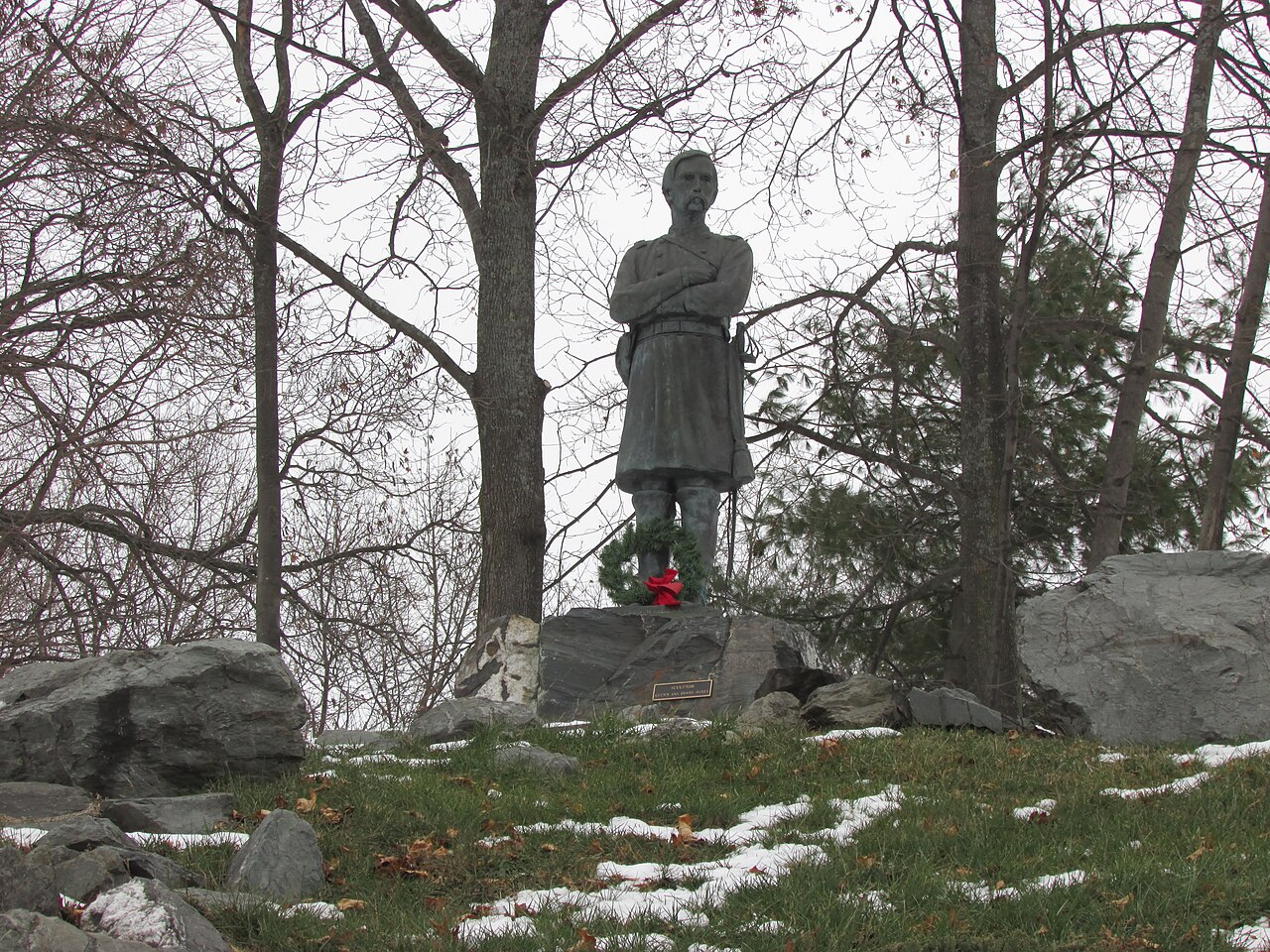 Bronze statue of Civil War officer Joshua Lawrence Chamberlain in a park in Brewer, Maine