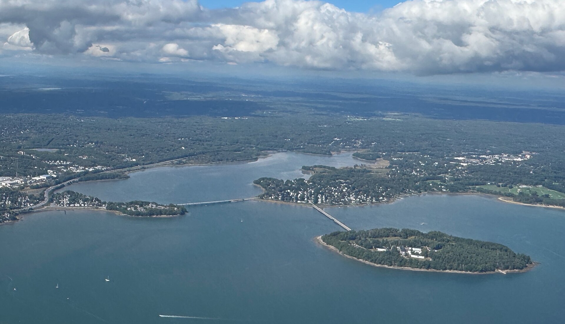 Aerial view of Falmouth Foreside on Casco Bay, with Mackworth Island and its causeway, near Portland, Maine