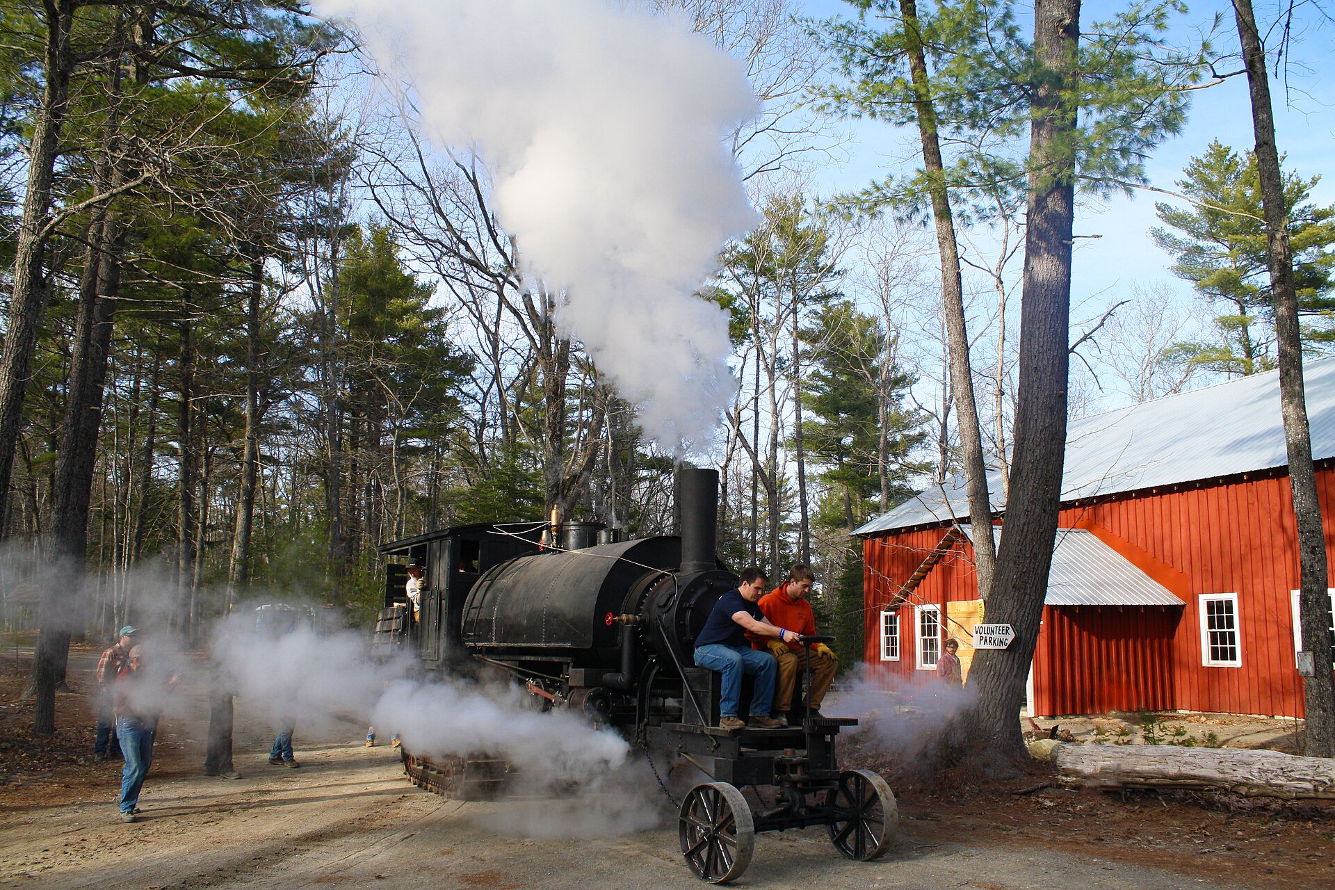 A steam-powered Lombard log hauler under steam at a living-history event, Maine Forest and Logging Museum, Bradley, Maine