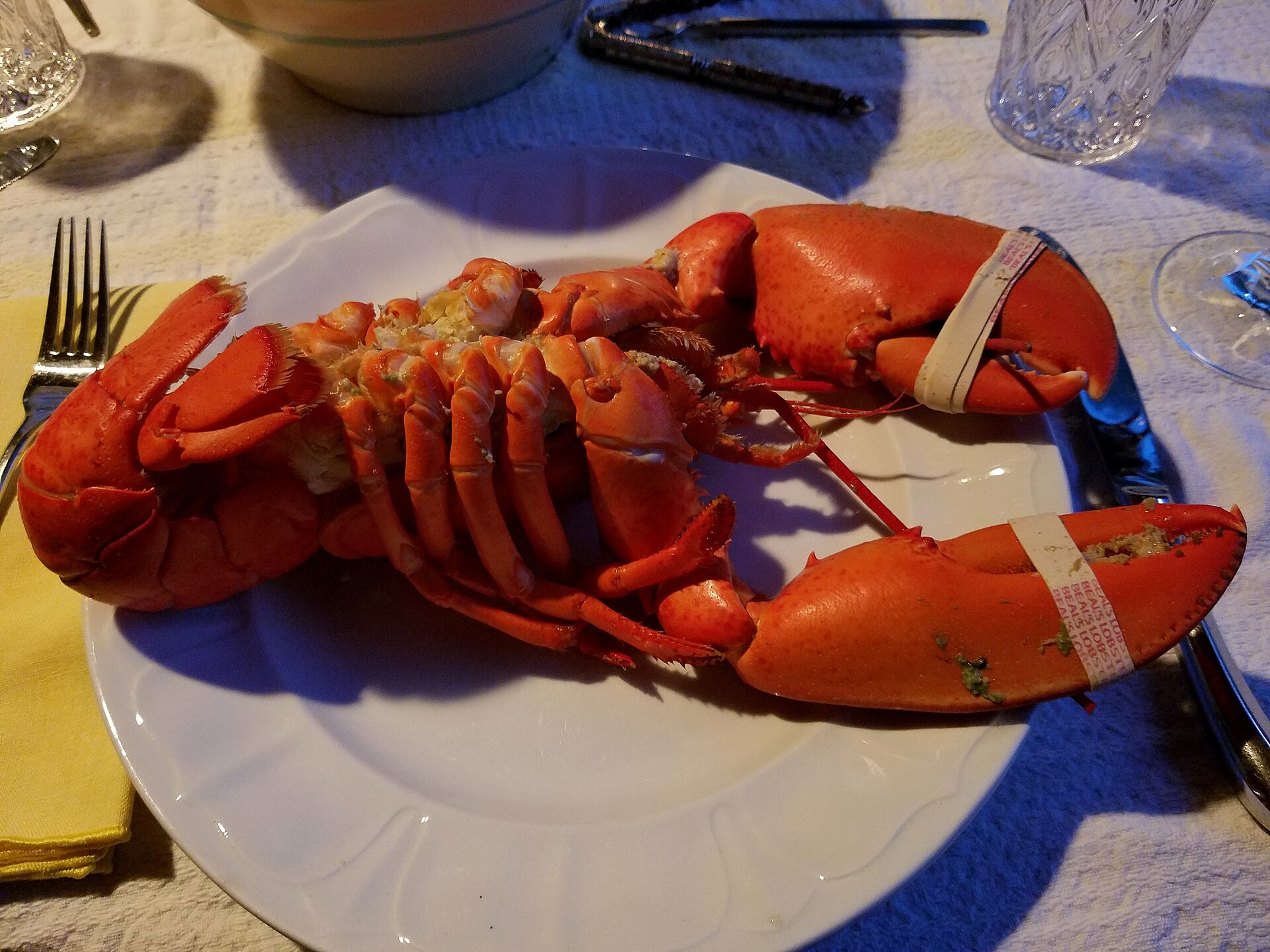 A whole boiled red Maine lobster on a white plate at a dinner table