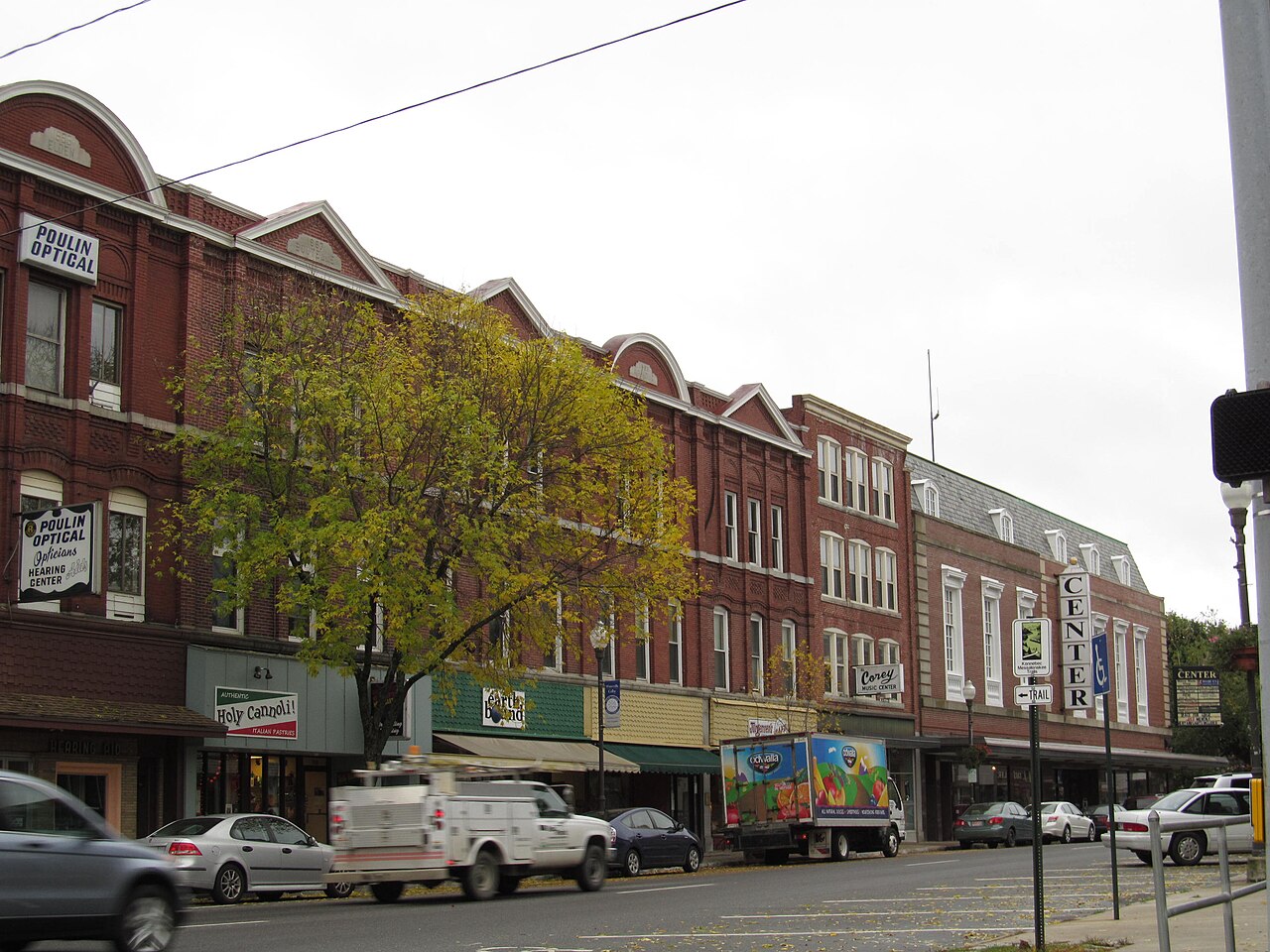 Historic brick storefronts along Main Street in downtown Waterville, Maine