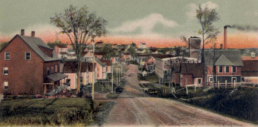 Vintage postcard view of West Main Street in Milo, Maine, with wooden houses and a mill smokestack