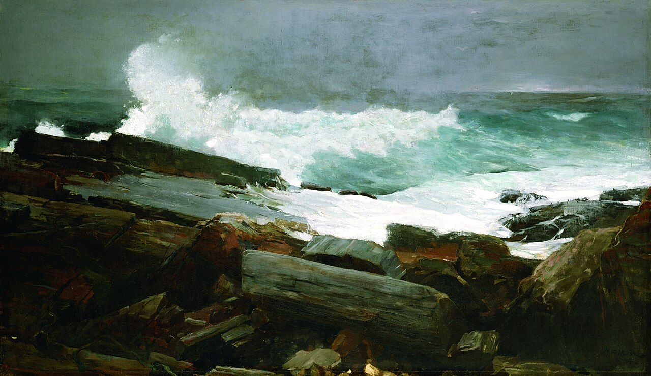 Winslow Homer's painting Weatherbeaten, showing surf crashing on the rocky shore of Prouts Neck